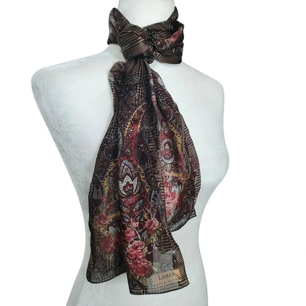 Lauren Ralph Lauren‎ 100% Silk Scarf Floral Paisley Brown Gold Rectangle Preppy
